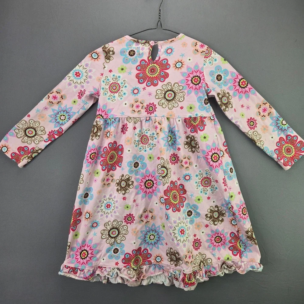 Hanna Andersson Girls Floral Dress 120 Pink Long Sleeve Cotton Ruffle Hem 2749